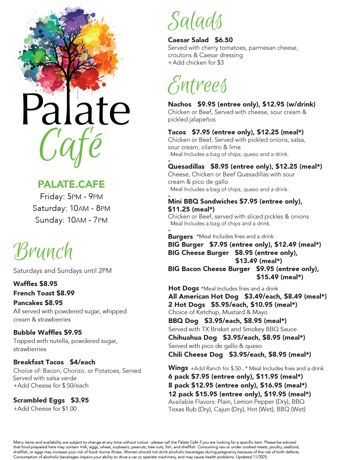palate cafe menu